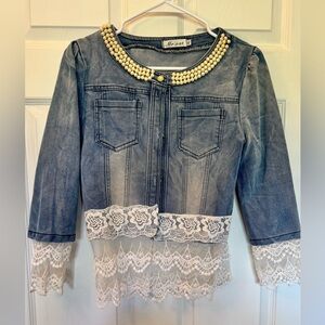 Denim Jacket with Lace and Pearl Details